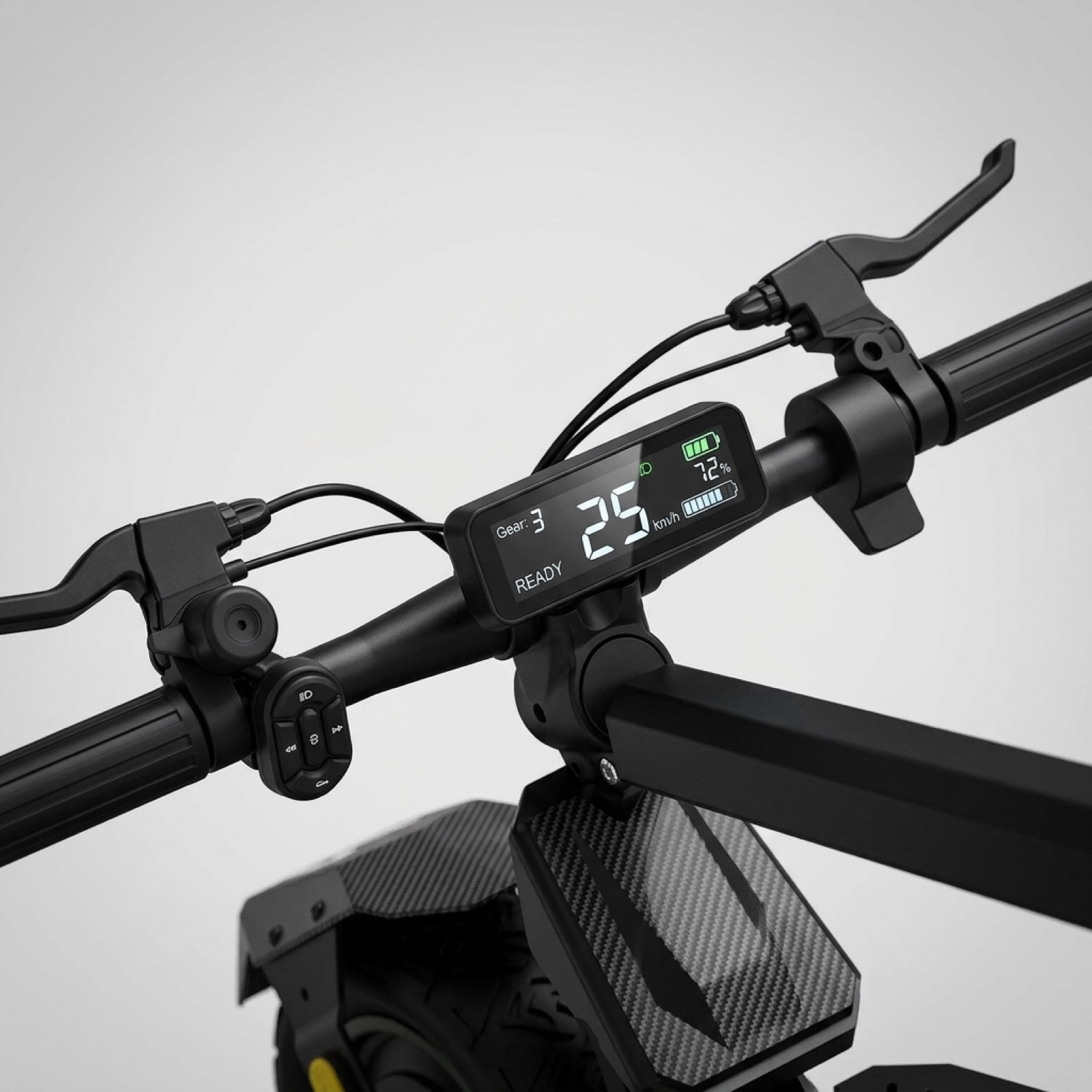 Écran de la VOLTAN X1 : 25 km/h, batterie 72 %, mode READY
